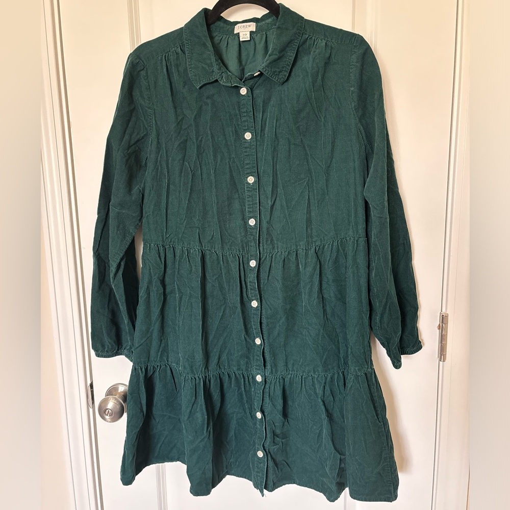 EUC J. Crew Forest Green Corduroy Tiered Long Sleeve Shirt Shift Dress